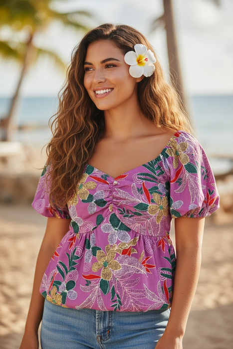 Floral Sweetheart Neck Flutter Sleeve Blouse