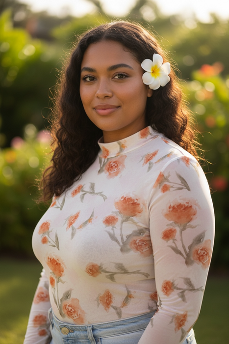 Plus Size Floral Sheer Mesh Long Sleeve Top