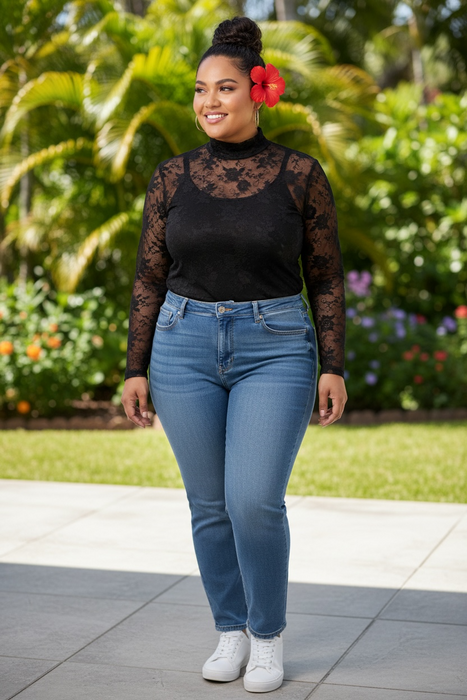 Plus Size Floral Mesh Long Sleeve Top