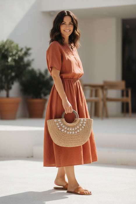 Top Handle Sea Shell Faux Straw Tote Bag
