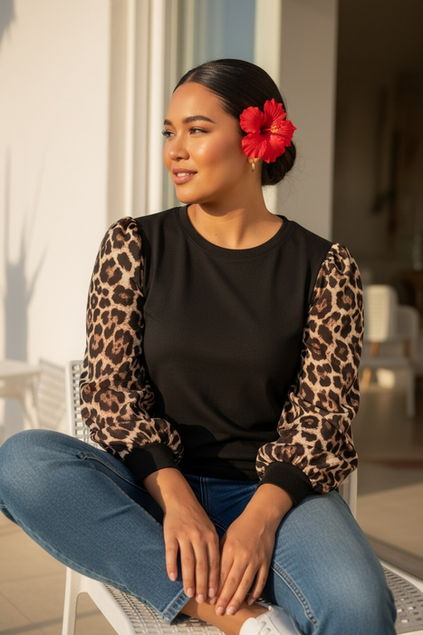 Leopard & Floral Patchwork Puff Sleeve Top