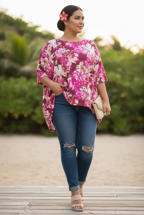 Red Floral Print Short Sleeve Plus Size Blouse