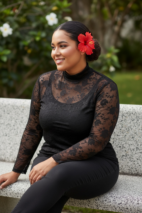Plus Size Floral Mesh Long Sleeve Top