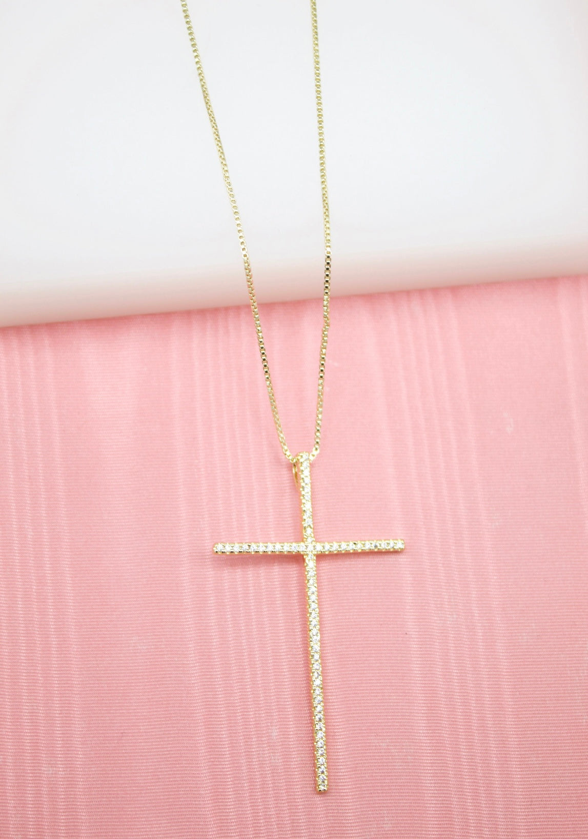 18K Gold Filled Long Slim Cross Necklace with CZ Stones