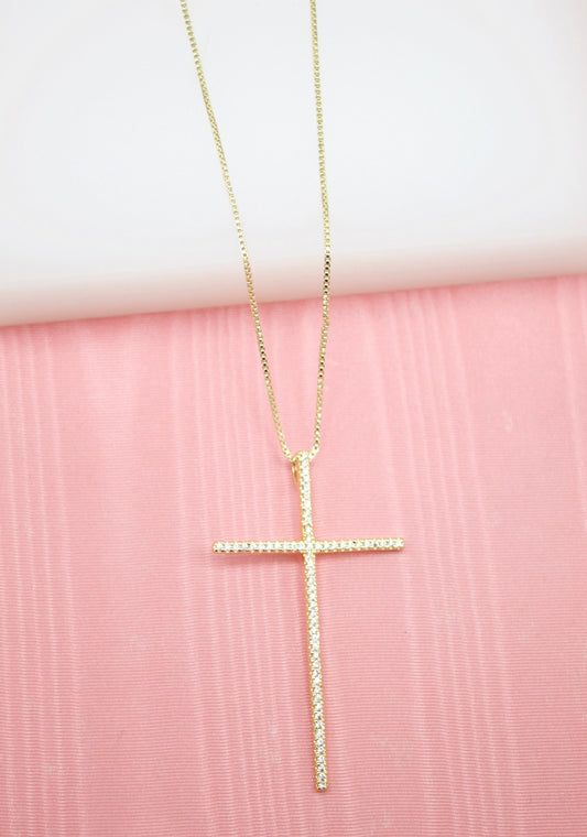 18K Gold Filled Long Slim Cross Necklace with CZ Stones