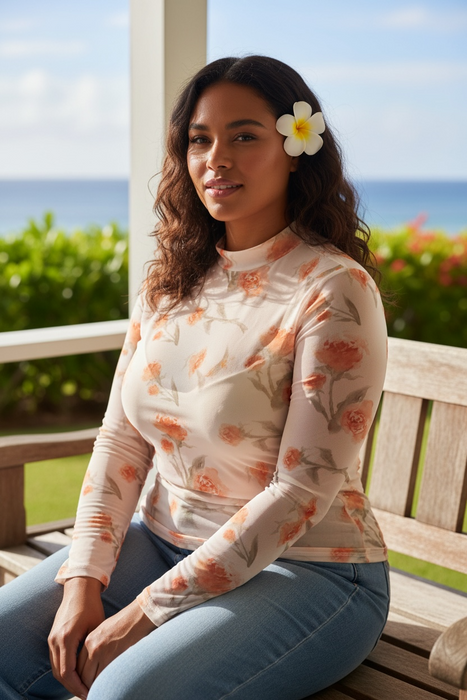 Plus Size Floral Sheer Mesh Long Sleeve Top