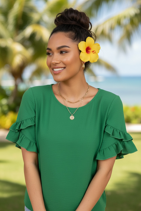 Solid Ruffle Trim Short Sleeve Blouse