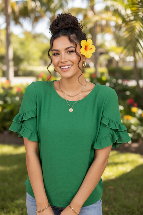 Solid Ruffle Trim Short Sleeve Blouse