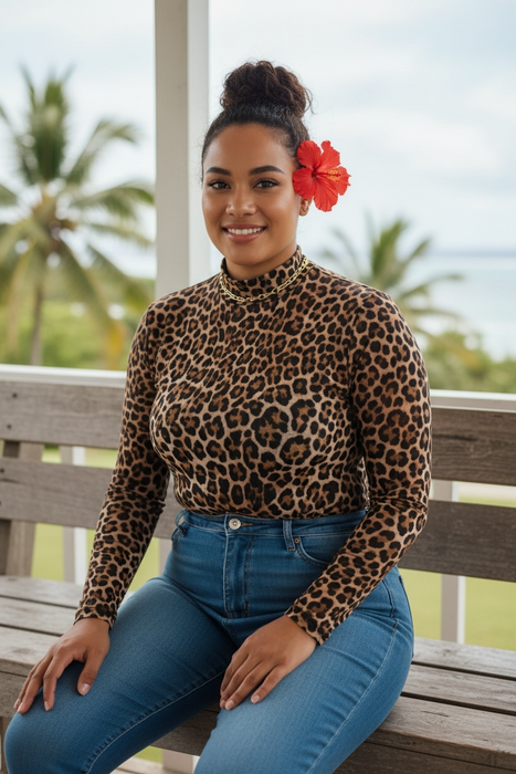 Plus Size Leopard Mesh Mock Neck Top