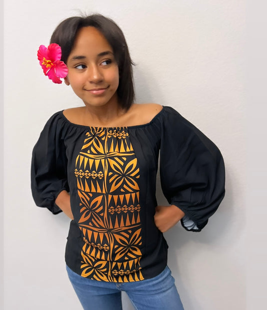 Lanuola Top - Black/Gold Polynesian Tribal